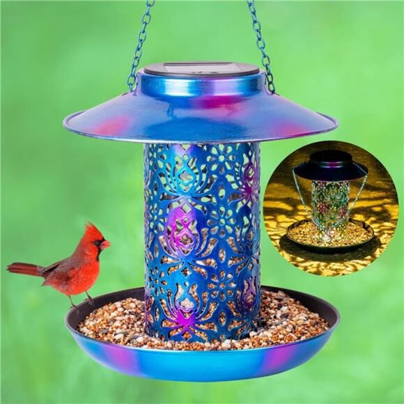 Solar Bird Feeder for Outdoors Hanging, Metal Wild Cardinals Garden Lantern - Picture 1 of 7